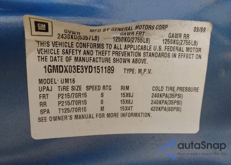 2000 Pontiac Montana M16 из США, поврежденный, VIN 1GMDX03E3YD151189